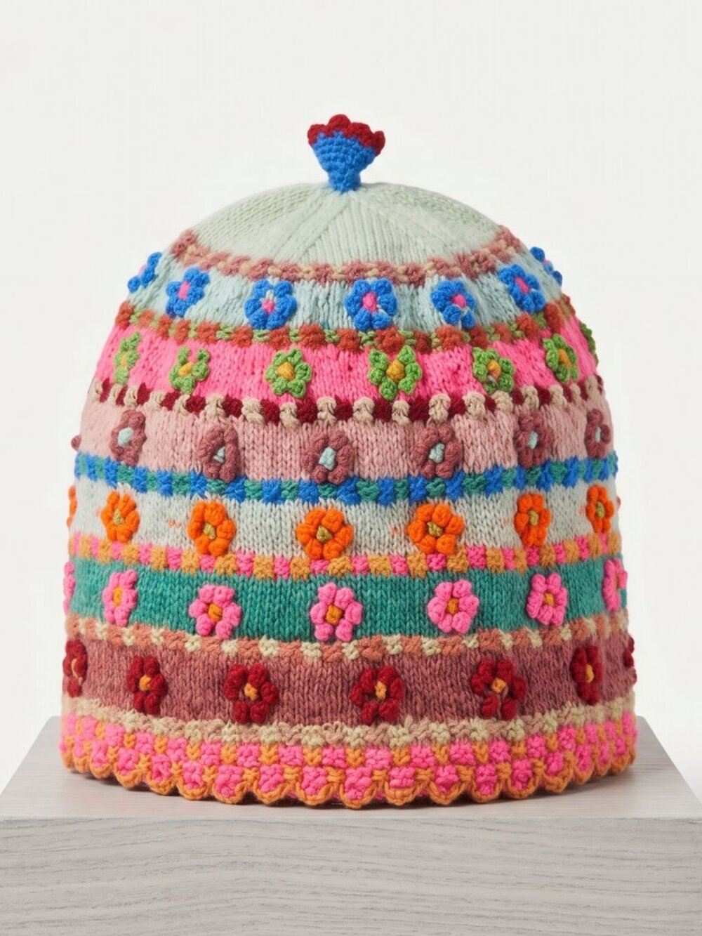 Cusco-Style Chullo Hat – Natural Wool – Andean Floral Design Beanie